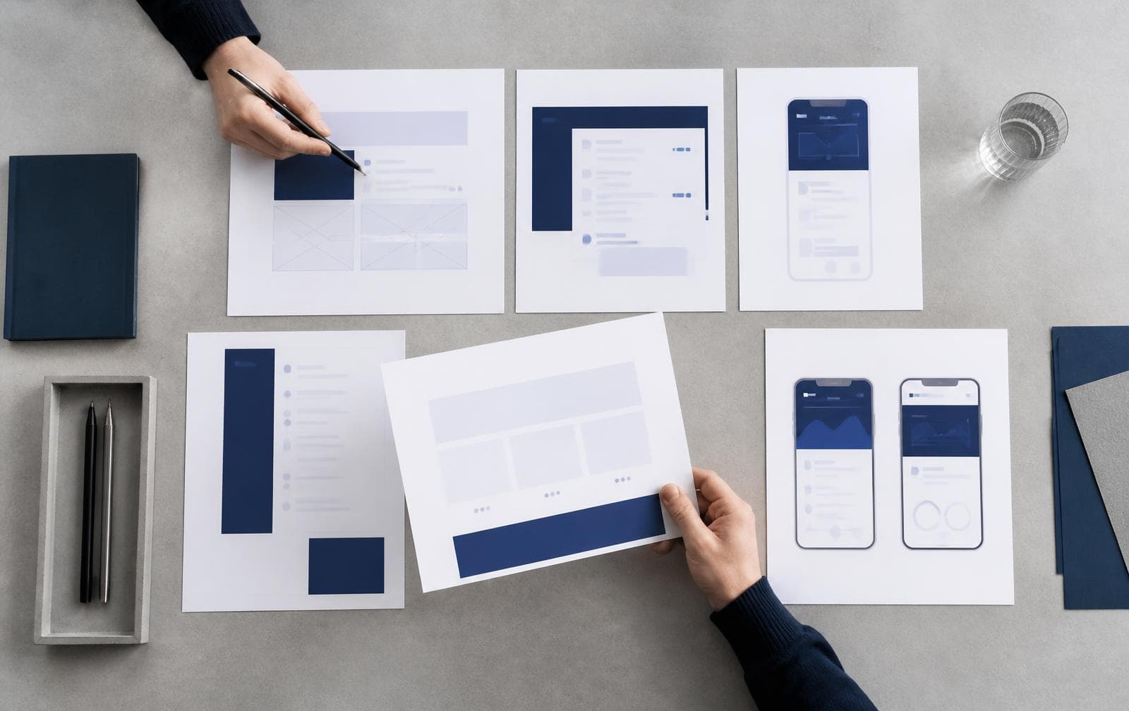 Product design review with wireframes and screens